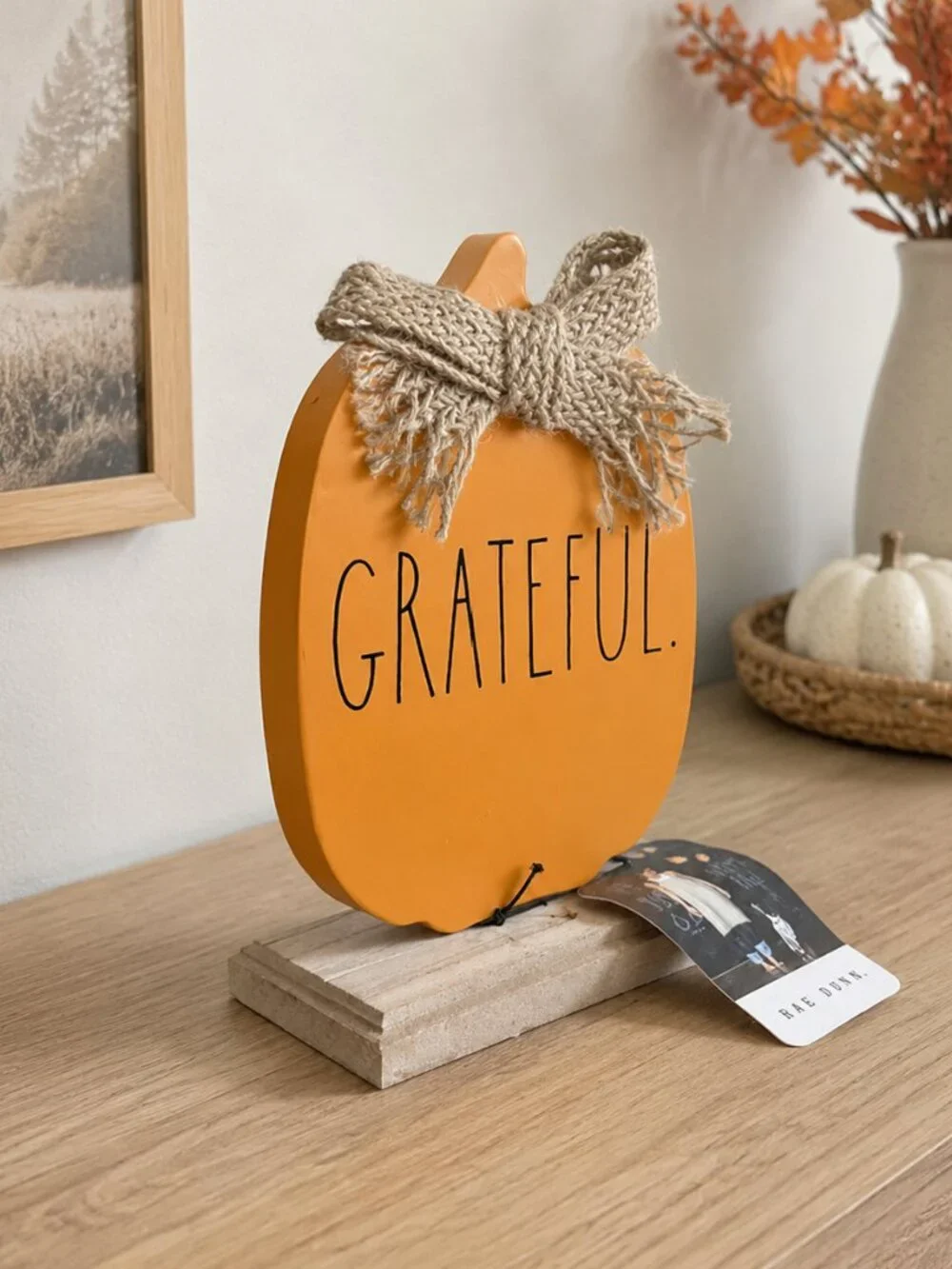 Rae Dunn Grateful Orange Pumpkin Metal Sign Wood Base Fall Decor NWT